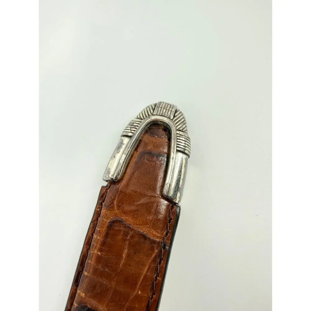 Brighton Onyx Croc Embossed Leather Belt Western Silver Buckle Brown Size 38
